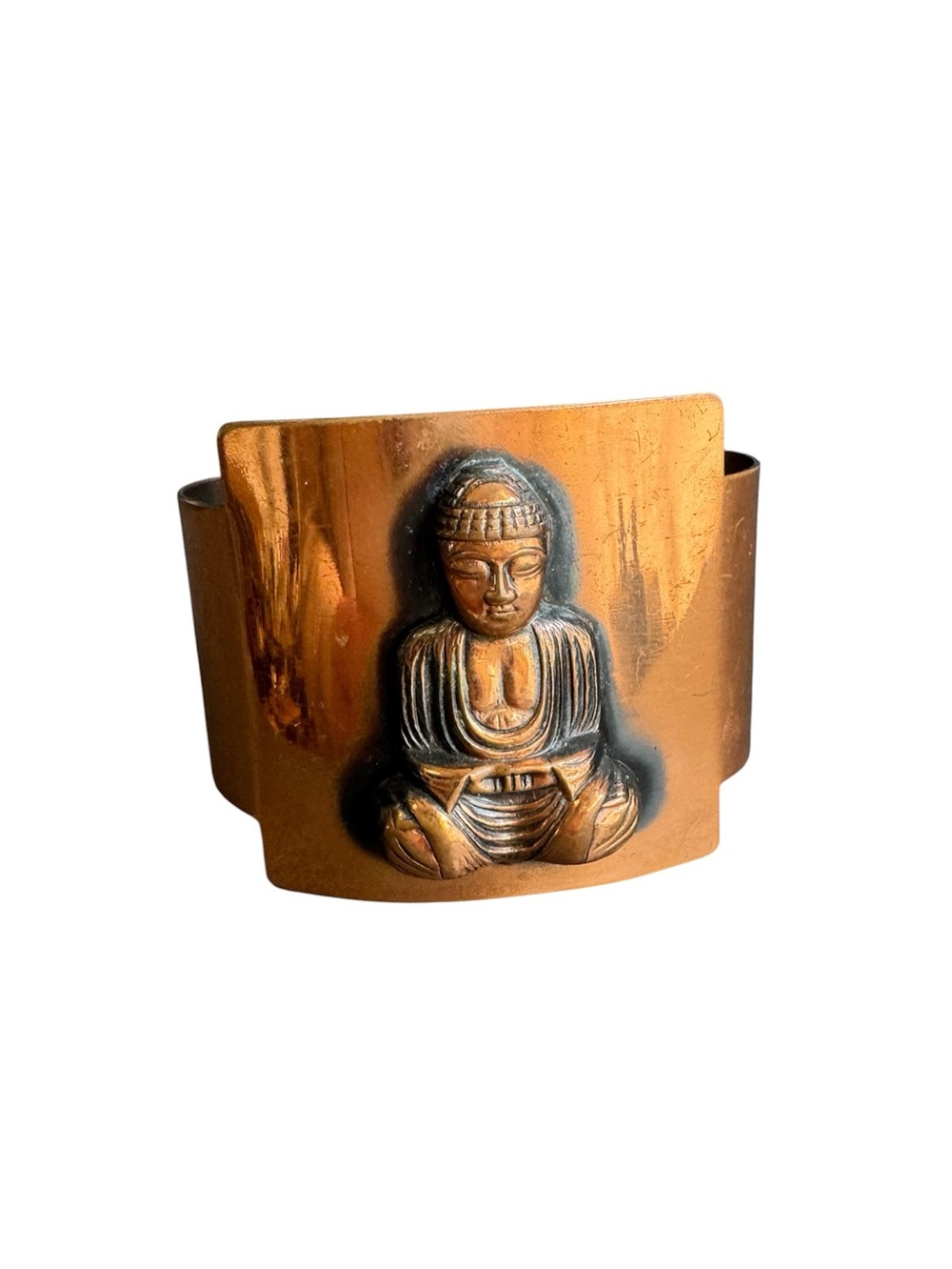 Vintage Copper Buddha Bracelet Wide Cuff Bangle Statement Large 7.25"
